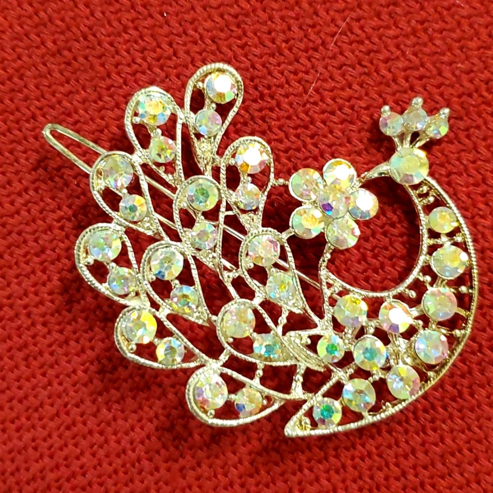 Peacock hair barrette gold tone Aurora Borealis rhinestones prom bridesmaid